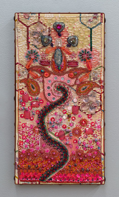 Joel Otterson CADENZA IN PINK, 2015 Wool, glass, crystal, bone, plastic, coral, velvet, brass nails 20 x 10 x 2 1/4 inches