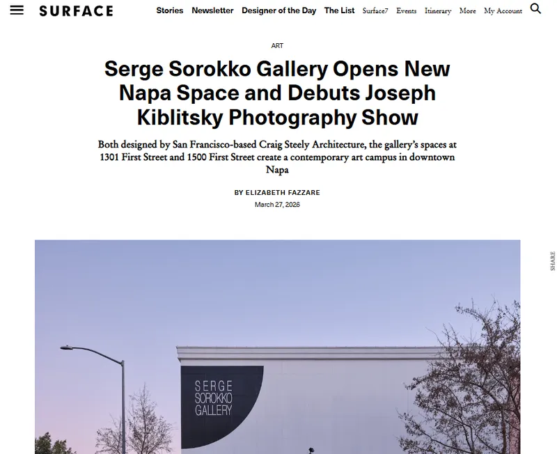 Serge Sorokko Gallery Opens New Napa Space and Debuts Joseph Kiblitsky Photography Show, Both designed by San Francisco-based Craig Steely...