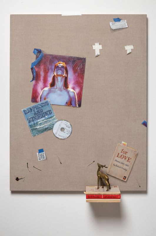 Michael Hall, “Let Love In”, 2022. Oil on linen with hand carved shelf, books, brass figurine and QR code linked video. 44 x 34 1/8 x 8 5/8 inches.