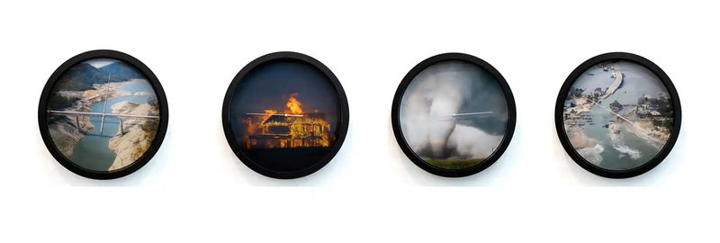 LigoranoReese, “Borrowed Time”, 2023. Four plastic wall clocks, quartz movements, digital lenticular prints. Clock: Edition of 9. 14 inches diameter; Image: 12 1/2 inches diameter.