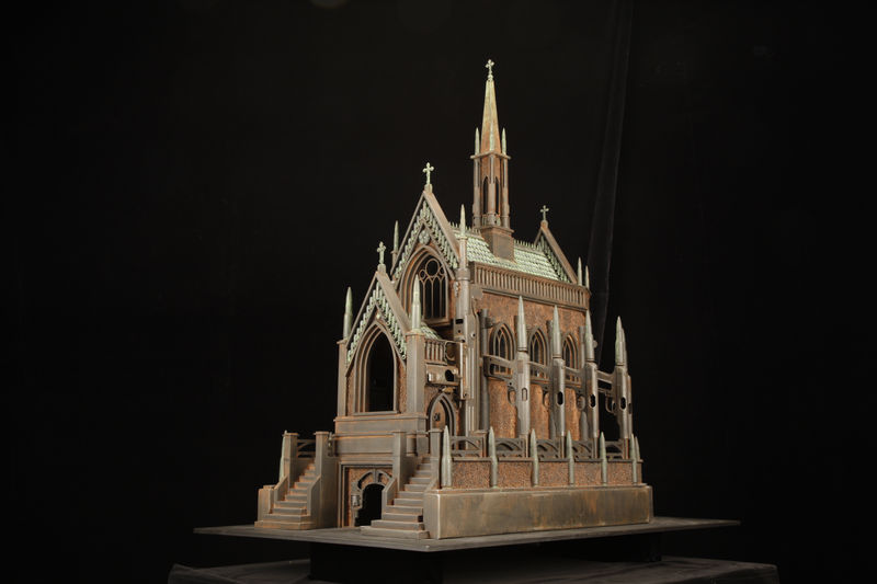 Al Farrow, “Gothic Mausoleum”, 2019. Guns, gun parts, bullets, shell cartridges, steel, lead and steel shot, glass, bone. 44 x 26 x 42 inches.