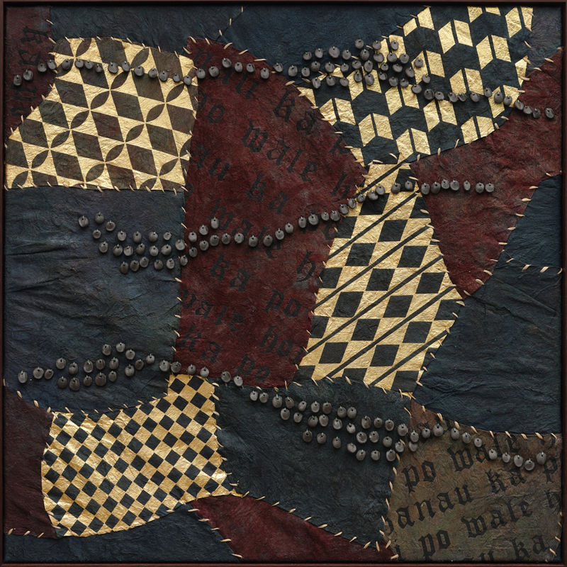 Lehuauakea, “The Night Gives Birth I”, 2025. Natural plant dyes, wildfire charcoal, 24k gold leaf, hibiscus cordage, ceramic beads on kapa. Sheet: 36 x 36 inches; Frame: 37 1/4 x 37 1/4 inches.