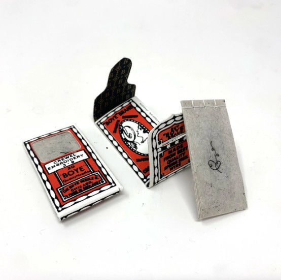 Imin Yeh, “Needle Book”, 2023. Screenprint on Lenox 100, etching on Kitaka, sewing thread. 1 1/8 x 2 1/8 inches. Edition of 20.