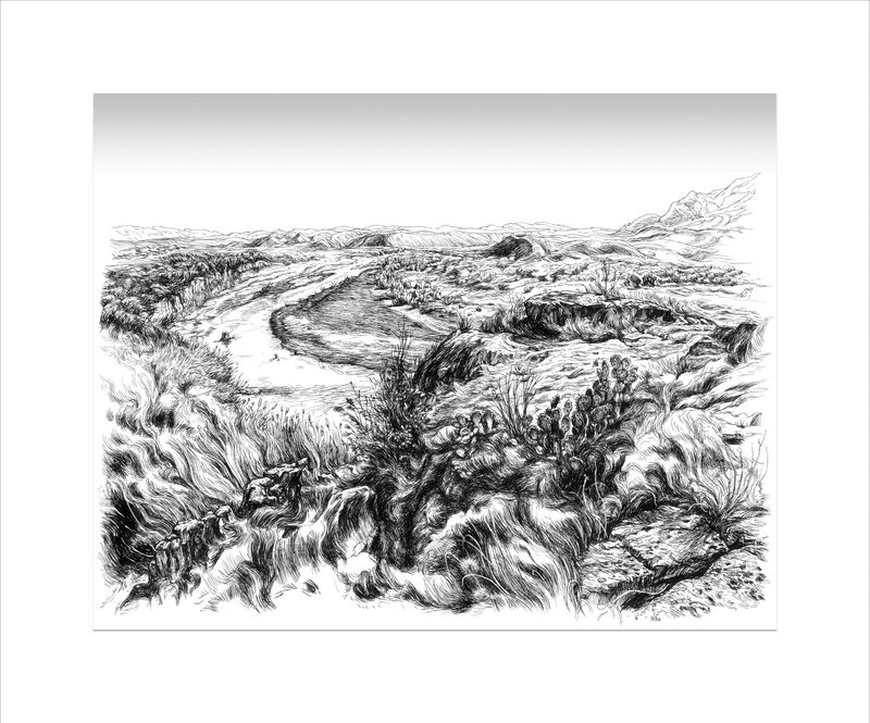 Vincent Valdez, “South Texas”, 2023. Etching and photogravure on BFK Rives with deckled edges. Plate: 16 3/8 x 20 7/8 inches; Sheet: 22 1/3 x 27 inches; Frame: 25 3/4 x 30 1/8 inches. Edition of 10.