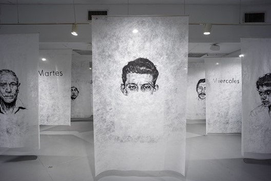 Vincent Valdez’s Siete Dias/Seven Days is a 2022 series comprised of silkscreened panels depicting individuals who vanished in Central and South America and seven spelling out the days of the week in Spanish. Courtesy Photo / Art League Houston