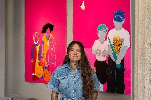 Arleene Correa Valencia with textile work from her series, 'I Have to Have Good Memories.'(Brendan Mainini)