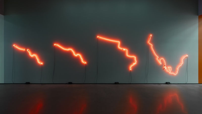 “Las Lineas 2028, 2022, 1845 and 1640 (2022). Neon. Courtesy of the artist and Gallery Wendi Norris, San Francisco. Photo courtesy of the Manetti Shrem Museum © Muzi Li Rowe.