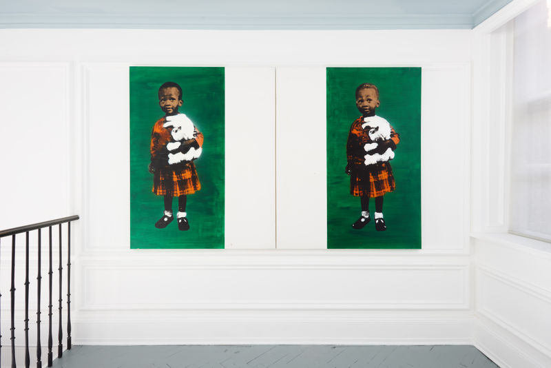 Leonard "Soldier" Iheagwam, Ozioma with a White Rabbit , Acrylic on canvas, 246 x 152 cm, 2023