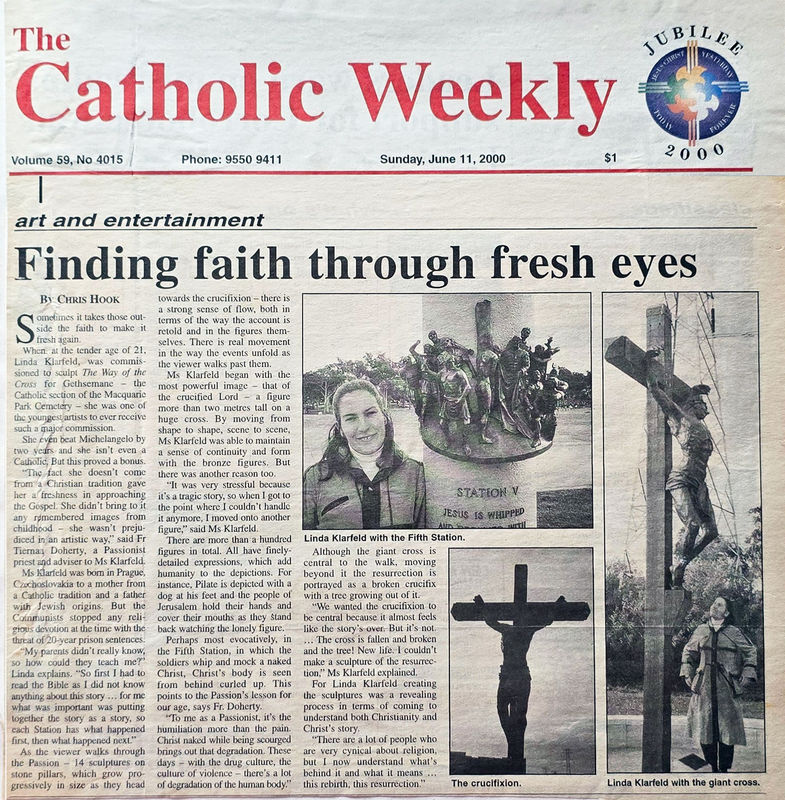 A newspaper article titled "Finding faith through fresh eyes" from The Catholic Weekly, dated June 11, 2000. The article highlights sculptor Linda Klarfeld and her work on the Stations of the Cross at Macquarie Park Cemetery. Featured images include: Lind