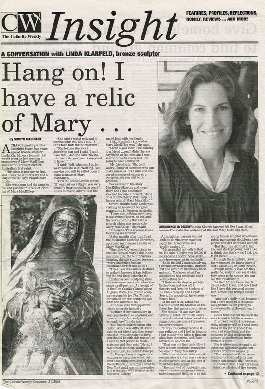 A newspaper article titled "Hang on! I have a relic of Mary..." featuring a large headline and two images. The first image shows a bronze sculpture of Blessed Mary MacKillop, depicted holding a walking stick and wearing her religious habit, created by Lin