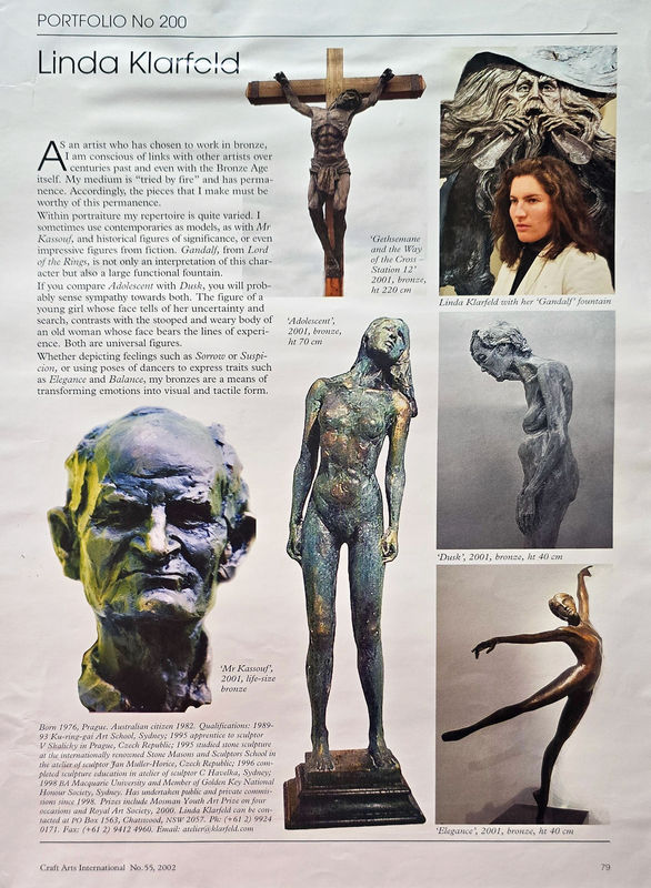 A magazine article from Craft Arts International showcasing sculptor Linda Klarfeld and her work. The layout features various bronze sculptures, including "Gethsemane and the Way of the Cross Station 12" (a crucifixion piece), "Gandalf" (a fountain inspir