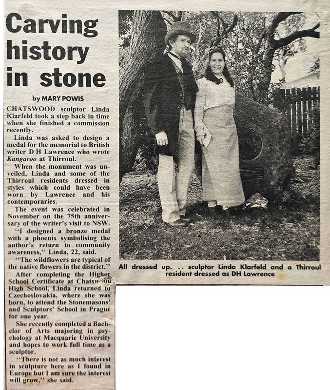 A newspaper article titled "Carving history in stone" by Mary Powis, featuring Chatswood sculptor Linda Klarfeld. The article includes a black-and-white photograph of Linda Klarfeld and a Thirroul resident dressed in period costumes reminiscent of D.H. La