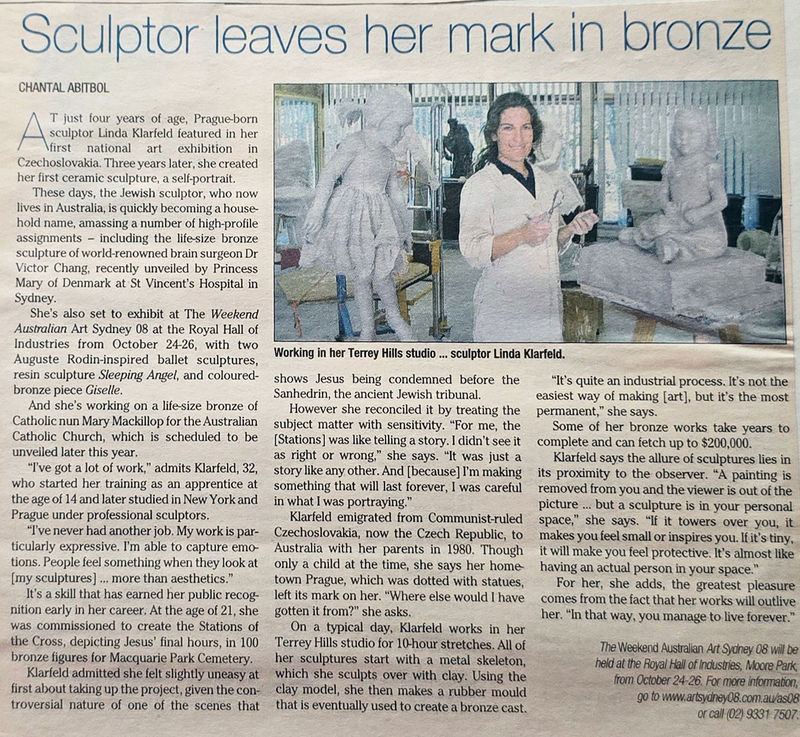 An article titled "Sculptor leaves her mark in bronze" featuring Linda Klarfeld, a Prague-born sculptor based in Australia, holding sculpting tools in her Terrey Hills studio. Behind her are works in progress, including life-size and smaller figurative sc