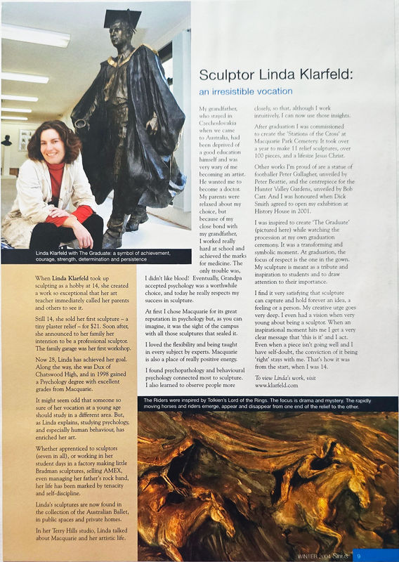 A magazine page featuring sculptor Linda Klarfeld and her bronze statue, The Graduate. The photo on the top left shows Linda kneeling next to the life-size sculpture, which depicts a figure in a graduation gown and mortarboard, symbolizing achievement, co