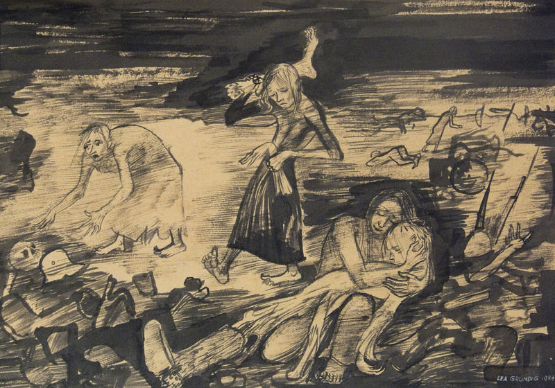 A drawing of a woman on a battlefield holding a foot and walking around looking lost.