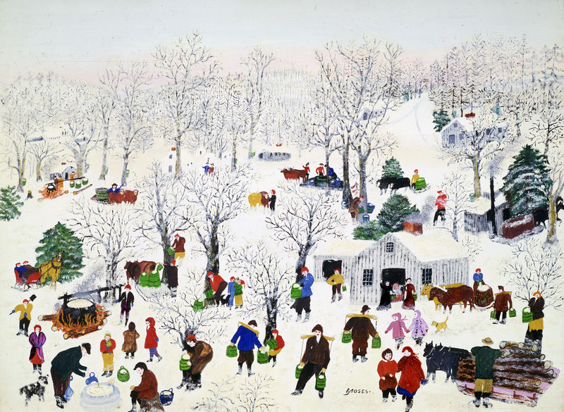 Colorful painting by Grandma Mose showing many human figures in colorful winter wear milling about outdoors in a white, snowy landscape