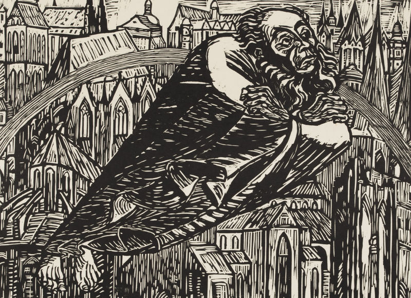 Woodcut of a man wrapped in a robe facing right set against a background of buildings.