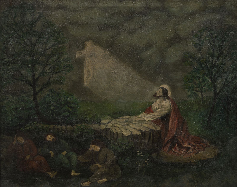 oil painting by John Kane depicting Jesus Christ praying on his knees in a garden. The dimly-lit scene is punctuated by a bright line shining down from an illuminated crucifix in the sky