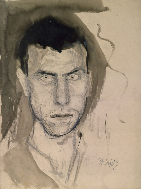 Self-portrait drawing in charcoal and gray by the artist Richard Gerstl. He is glaring at the viewer