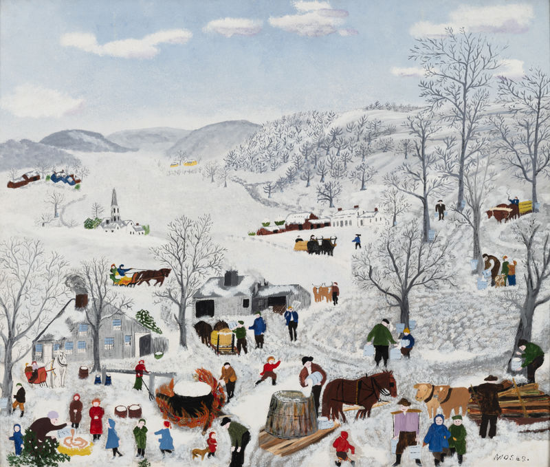 Colorful painting by Grandma Mose showing many human figures in colorful winter wear milling about outdoors in a white, snowy landscape