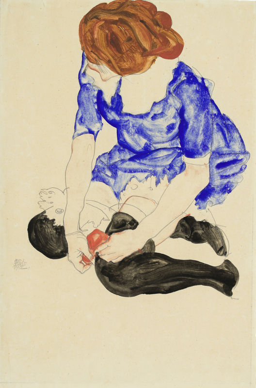 A work on paper in gouache and watercolor by Egon Schiele depicting a crouching red-haired woman whose face the viewer cannot see. She wears a blue dress and black stockings as she ties a reddish orange garter