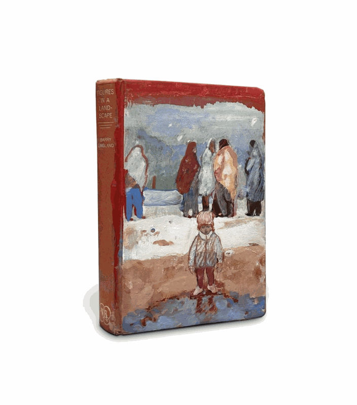 Figures in a landscape, 2021, oil on gessoed, on an old found book, 12.7 x 21.59 cm