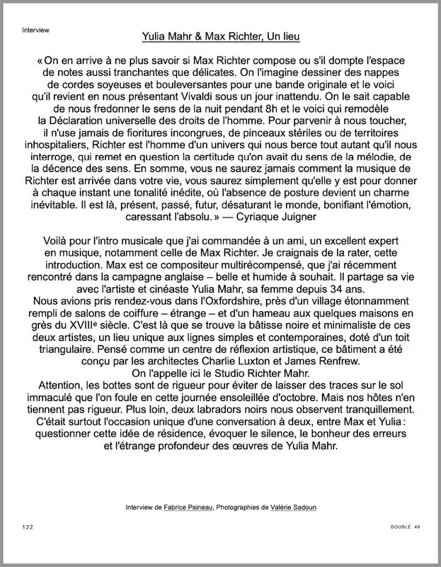 Double magazine, Yulia Mahr & Max Richter, Un lieu