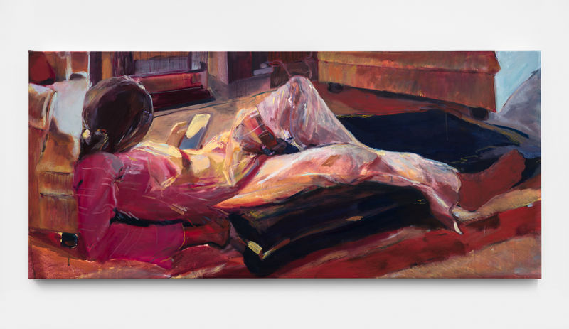 Irum Rahat "Girl, Still", 2025 Oil on canvas 30 x 63 inches
