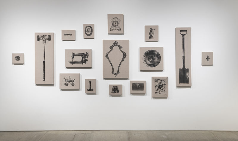 BETWEEN THE CLOCK AND THE BED, 2023 Graphite, resin and funerary ashes on raw linen 16 parts dimensions variable