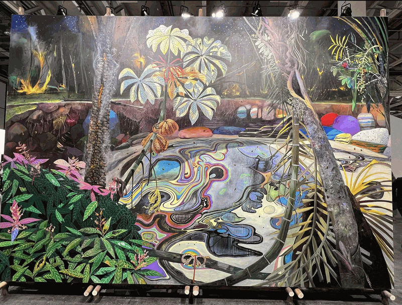 A striking double-sided installation by Brazilian artist Luiz Zerbini, reflecting on themes of ecological disruption and environmental fragility. Image courtesy: Saloni Doshi