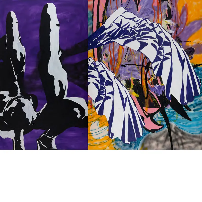 Olcay Kuş, Saçların Dağların Altında Kaldı, 2023. Acrylic and spray paint on canvas, 210 × 300 cm.