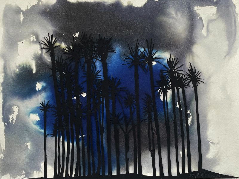 Francesca Gabbiani, "Mutation (Night View)", 2019, Ink, gouache, and colored paper on paper, 8 5/8 x 11 inches