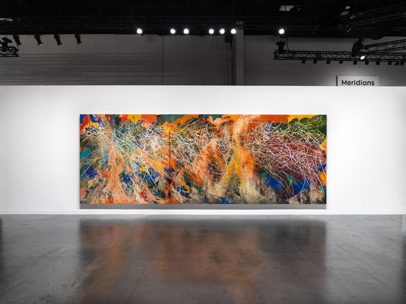 José Parlá, 'Pathways', 2024, Acrylic and oil paint on canvas, 2 panels, 243.8 x 670.6 cm. (96 x 264 in.) total