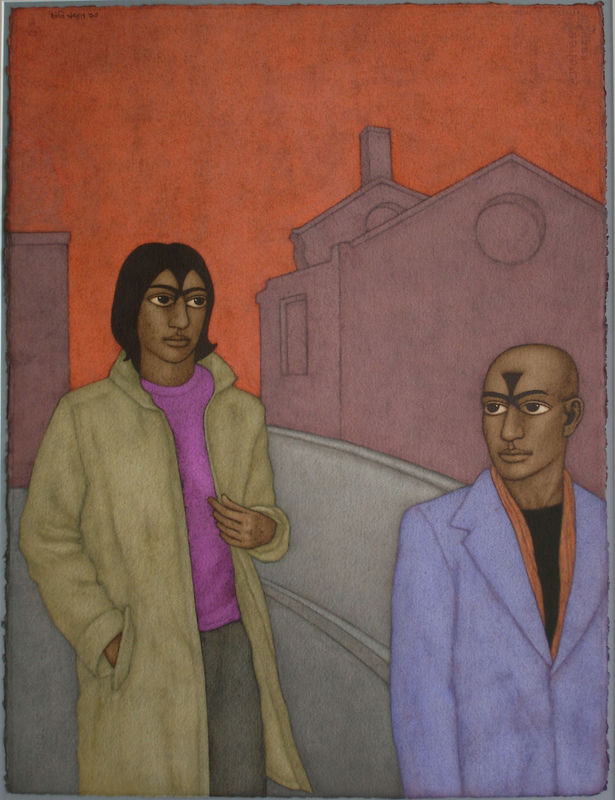 A young man and woman walk along an empty street