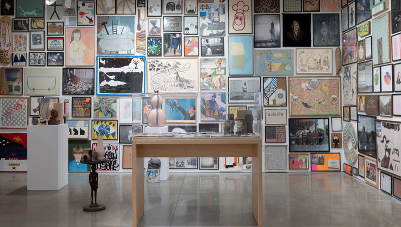 One of "Barry McGee's epic cluster installations", showcasing the work of other artists, during ‘Barry McGee: Old Mystified’ at Berggruen Gallery, September, 2024