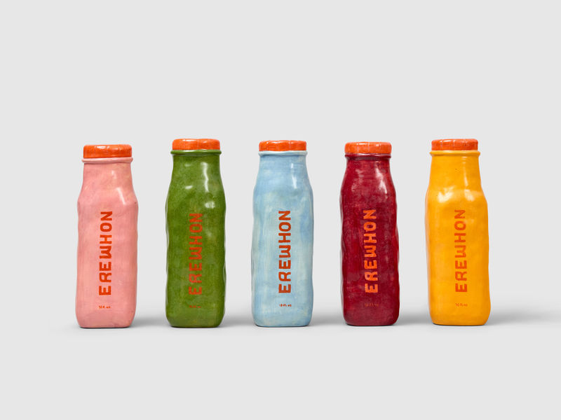 Selection of Stephanie H. Shih's Erewhon Juices, 2026, ceramic, 7 1/2 x 2 1/2 x 2 1/2 inches each