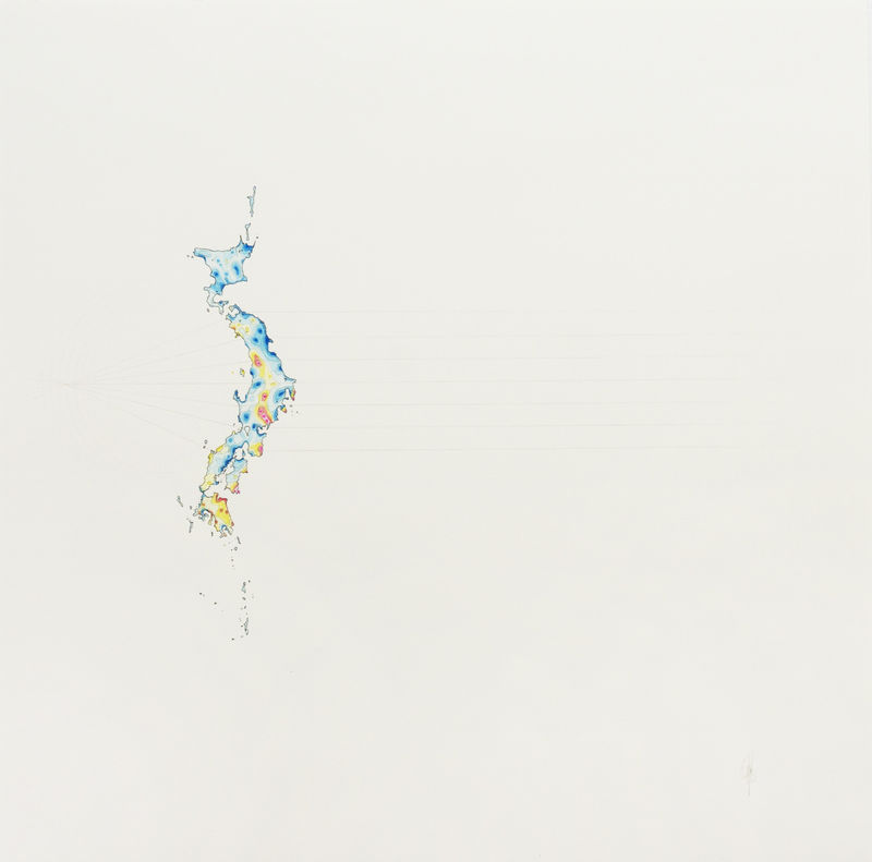 Michael Whittle, Fragment Xanadu Annex (Cassini probe data swathes of Titan’s Xanadu region with ciliary margin-like stern cell niche from self-organising human retinal tissue), 124×124cm, Ink and watercolor on paper, 2017