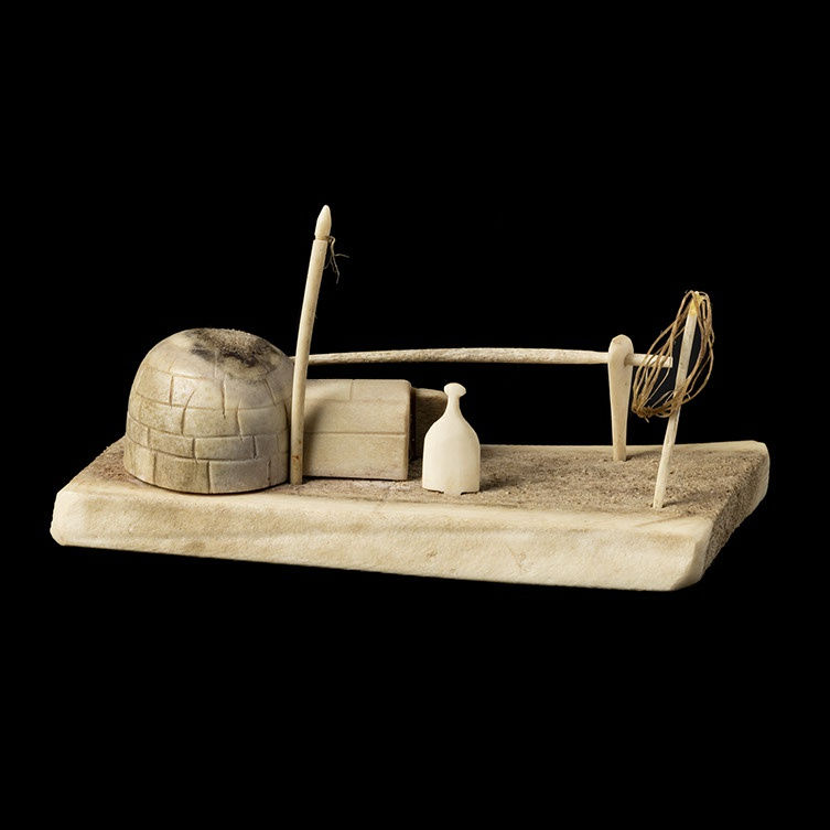 36. UNIDENTIFIED ARTIST, KUGAARUK (PELLY BAY) Igloo Camp Scene (igloo, drying rack, snow shovel and harpoons), 1967