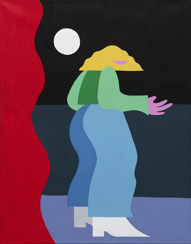 Painting of a woman with yellow hair, green long sleeve shirt and blue pants standing with their back facing the moon on a black background