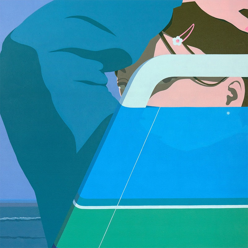 painting by Adrian Kay Wong depicting a girl lounging in a blue and green striped folding chair with her arm raised and elbow obscuring her face