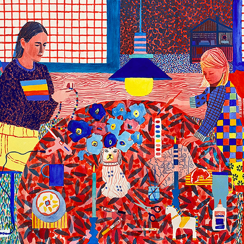 colorful patterned painting of two women sitting at table making crafts