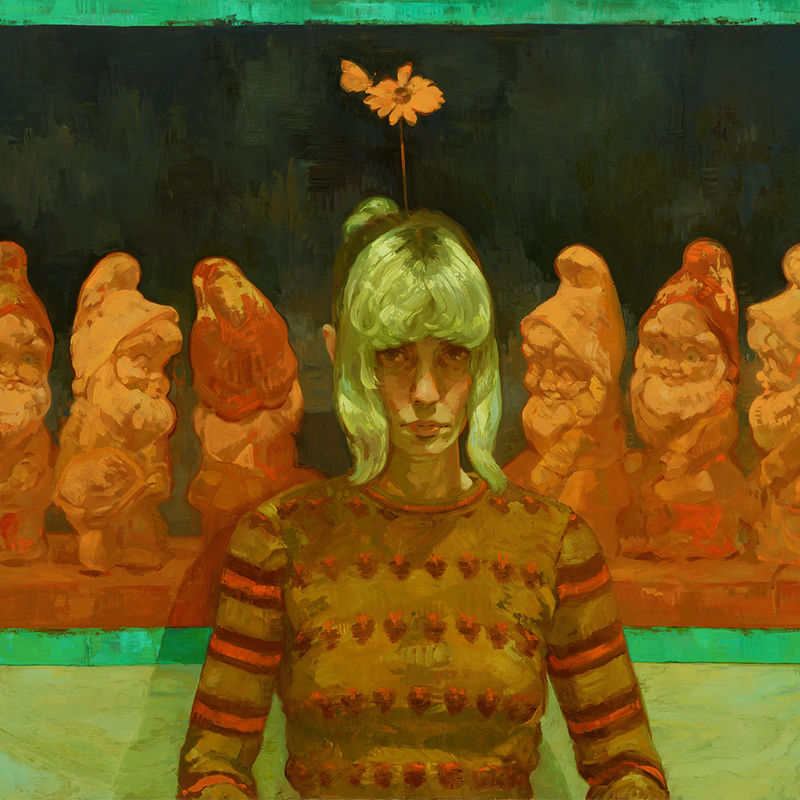 gouache painting by artist Rachel Gregor depicting self portrait of artist standing in front of painting of six orange colored gnomes against a deep teal background