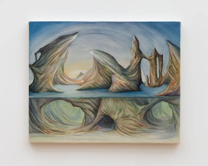 Hope Buzzelli, “Unknown Territory”, 2026. Colored graphite, ink, and water color on raw canvas mounted to wood panel, 16 x 20 inches (40 x 50 cm). Courtesy of the artist and HESSE FLATOW, New York. Photo: Jenny Gorman.