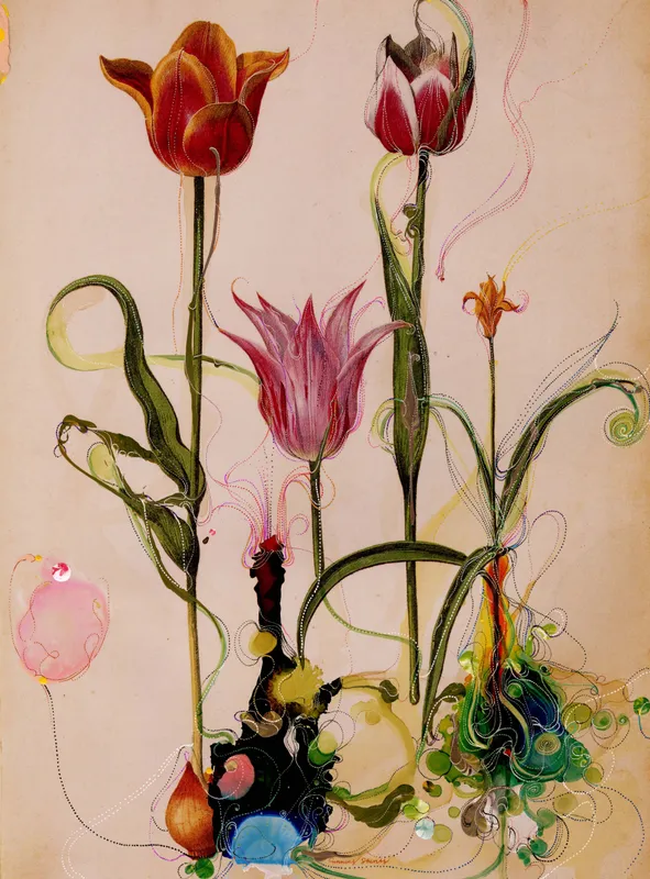 Sebastiaan Bremer floral artwork — tulips and abstract botanical forms with intricate hand-drawn details, vibrant colors, and layered mixed media composition.