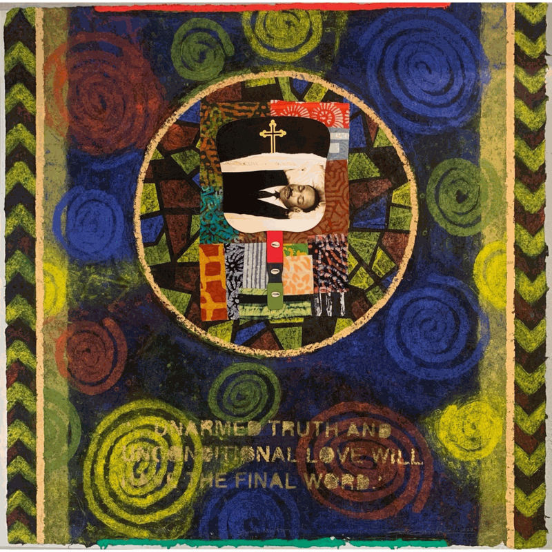 Juan Sánchez, "Saint Martin," 2022, Collagraph, batik fabric, wood, cowrie shells, digitally printed, hand-made fan assemblage, hand-coloring on handmade paper, 48 x 48 in (121.9 x 121.9 cm), Edition of 16