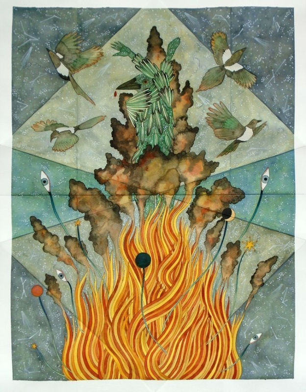 The Shapeshifters Escape Rithika Merchant. Painting of fire rising in front of a starry night with eyes, smoke, and birds releasing upwards.