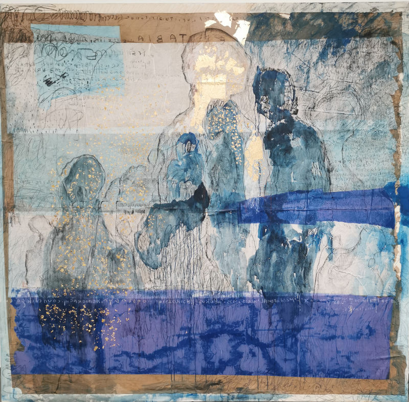 Cardinals' council 1 (2021) - Acrylique, pastels, feuilles d'or sur papier marouflé sur toile, 230 x 240 cm © Sess Essoh, courtesy LouiSimone Guirandou Gallery