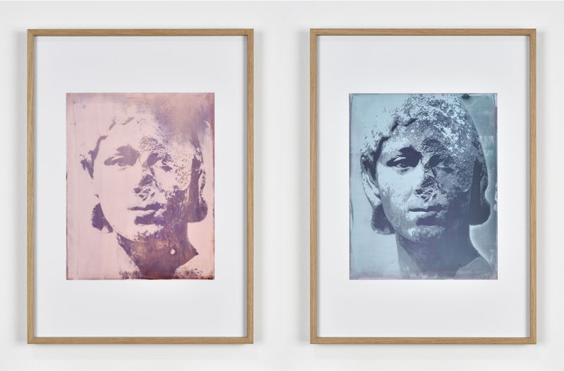 two framed images of a statue's head