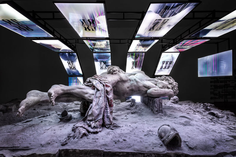 Adrián Villar Rojas, “Two Suns I,” 2015–2022. Installation view of "El fin de la imaginación," The Bass, Miami Beach, 2022. Photo by Zaire Aranguren. Courtesy of the artist and The Bass, Miami Beach