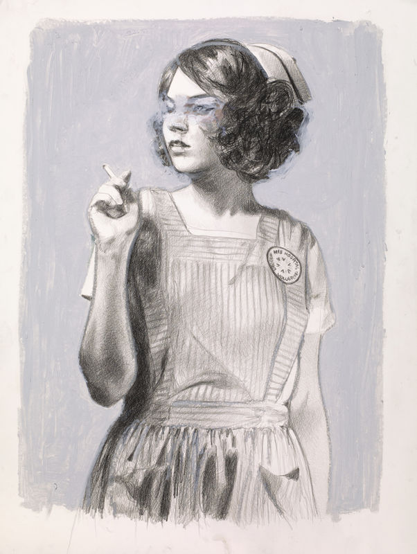 Mercedes Helnwein Candy striper smoking Pencil & oil pastel on paper 24 x 18